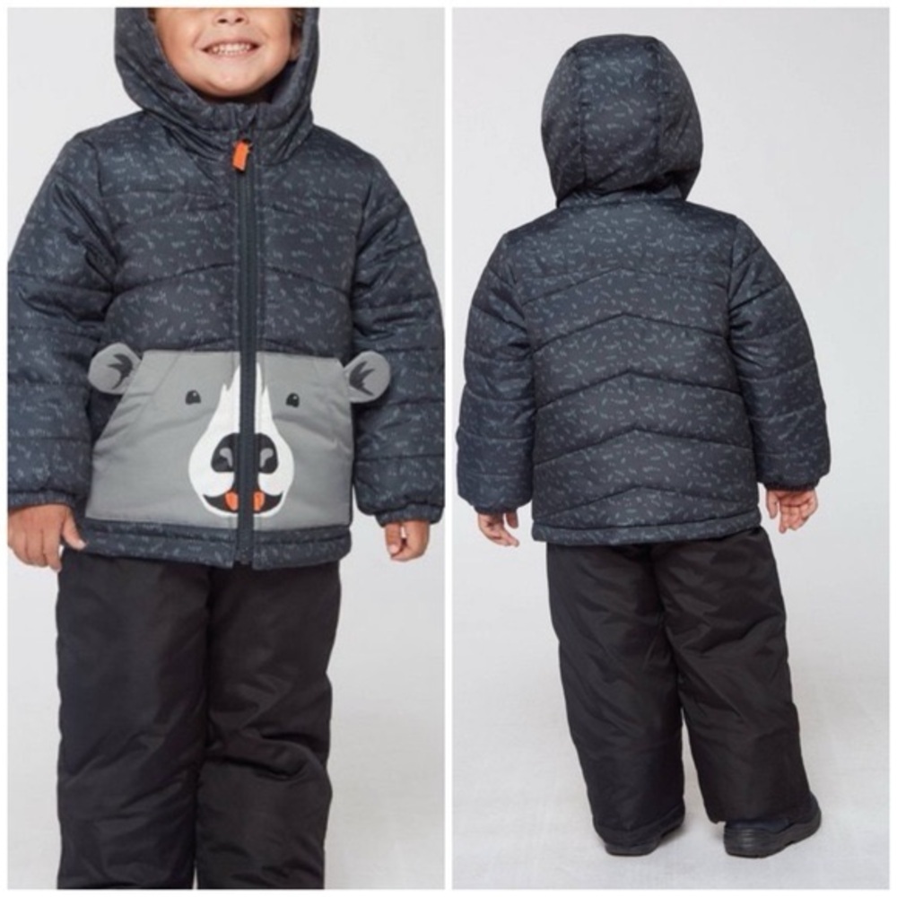 Carters Toddlers Sz 3T Grey Bear Zip Puffer Hooded Jacket Insulated Fleece Lined